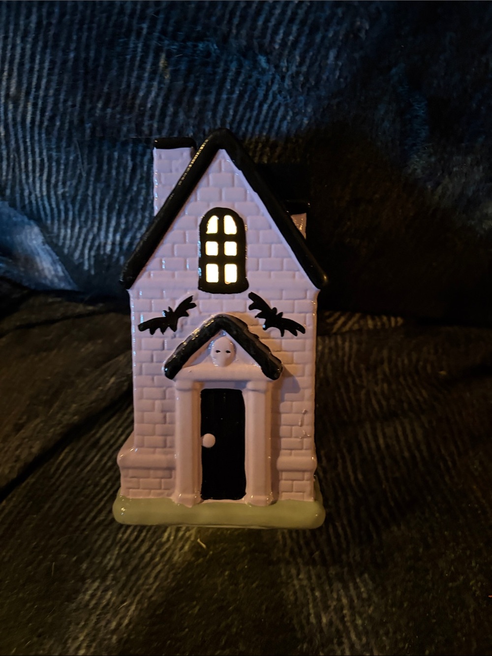 Purple Ceramic Light up Haunted House Figurine with Black Accents